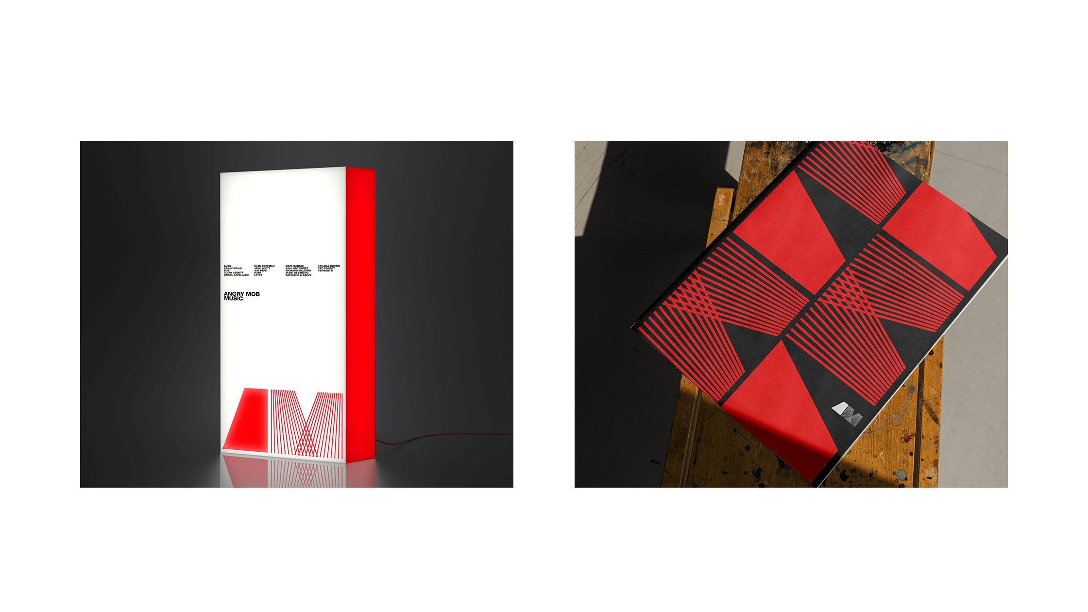 Angry Mob Music signage and book cover design featuring bold typography and a refined brand aesthetic.