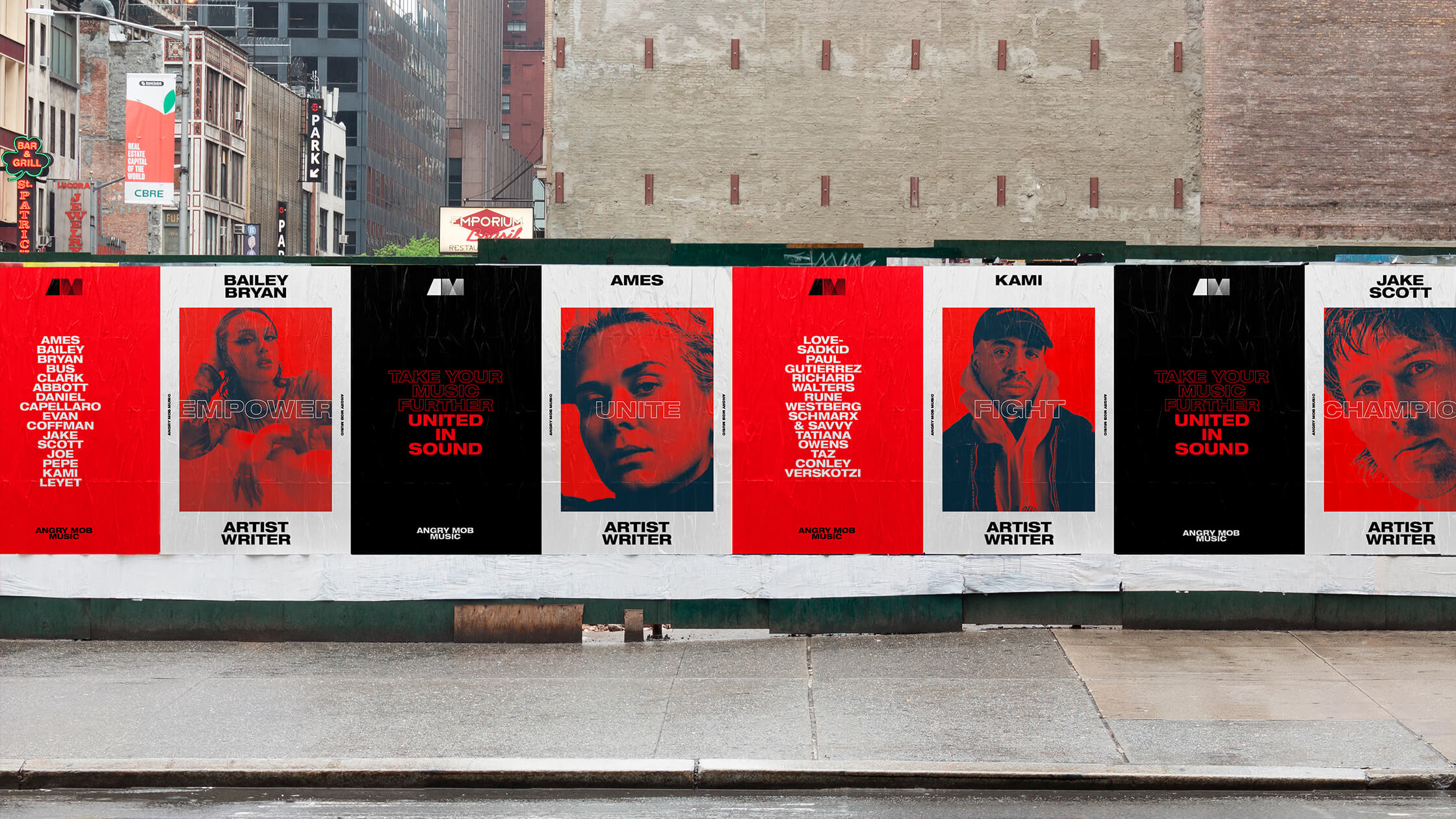 Angry Mob Music brand campaign displayed through large-scale wild posting in an urban environment.