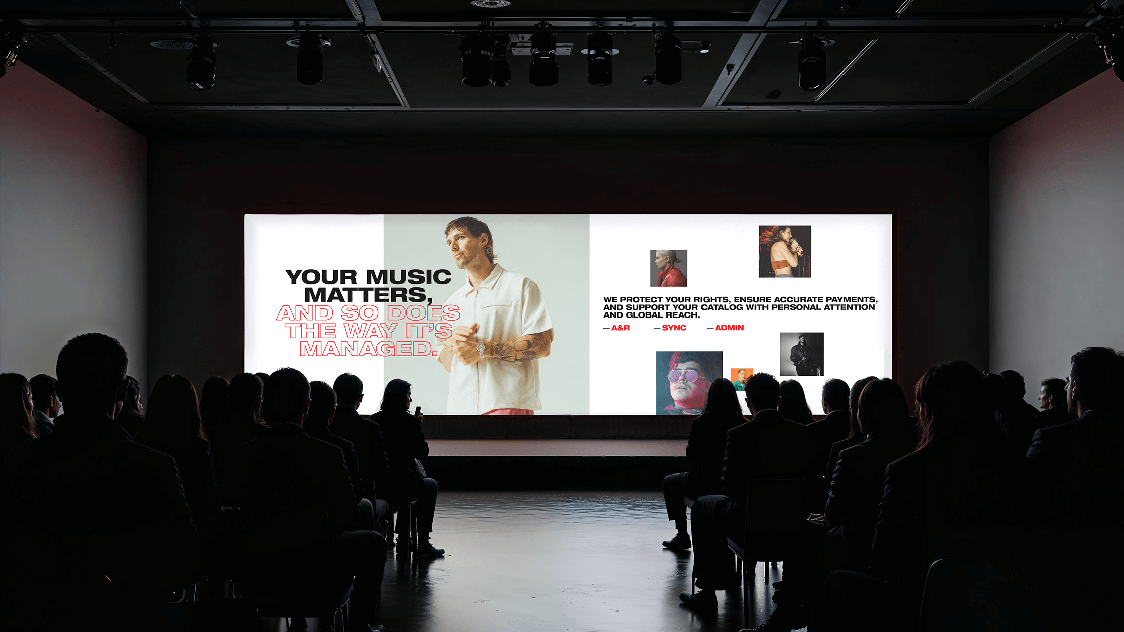 Digital presentation deck for Angry Mob Music featuring clean layouts and strong typographic hierarchy.