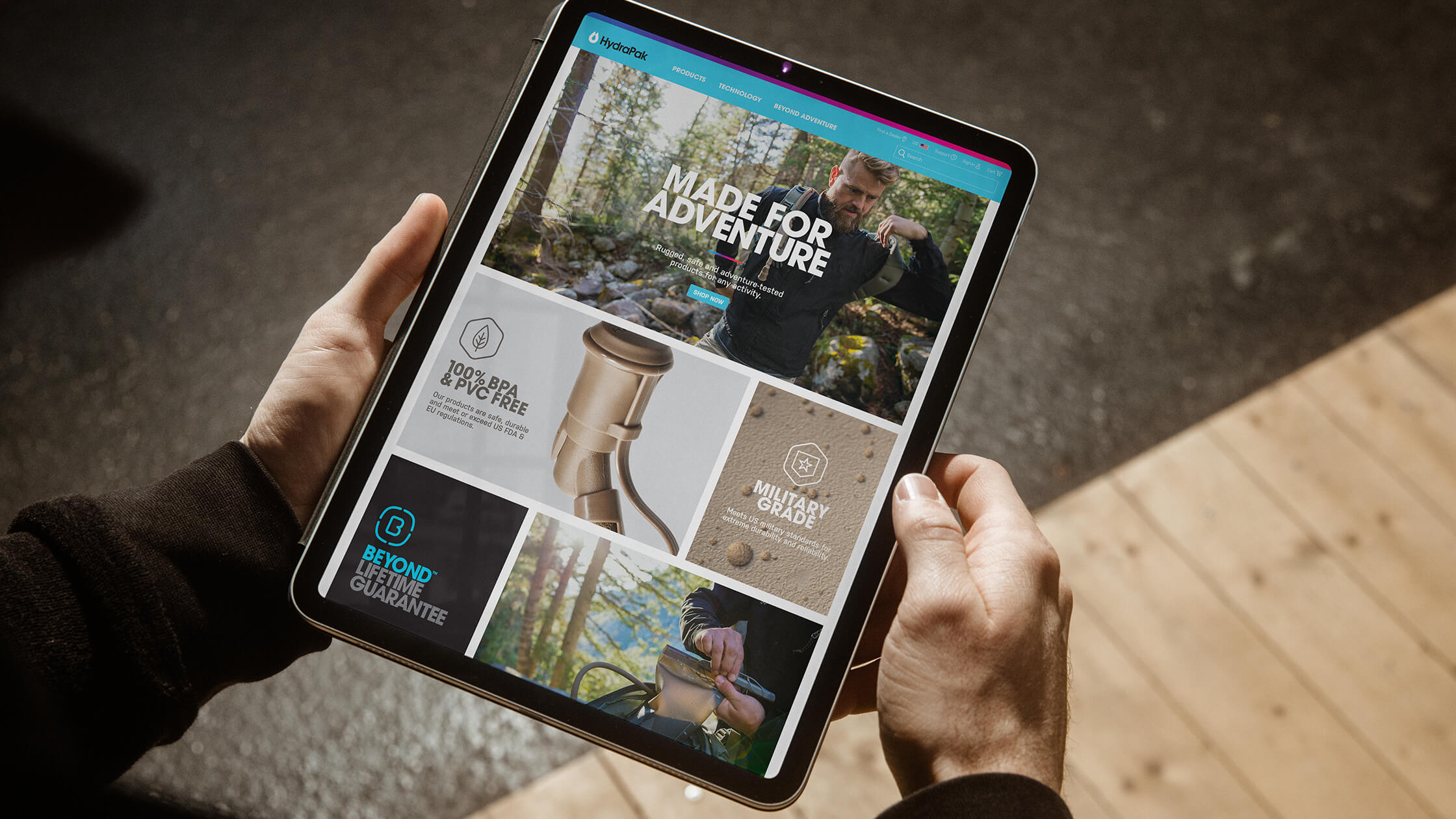 HydraPak website landing page on an ipad