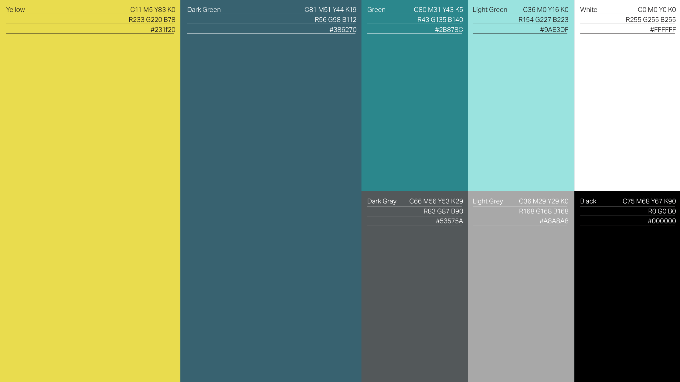 Brand color palette for VintaBio, designed by Igawa Design, featuring vibrant yellow, green, and teal tones complemented by dark gray, light gray, white, and black. The palette reflects the brand’s modern, precise, and innovative identity.