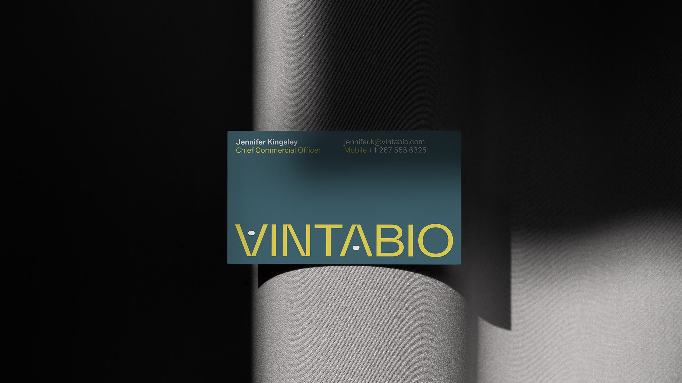 Business card for VintaBio, designed by Igawa Design, featuring clean typography, a bold teal background, and yellow accents that align with the brand’s color palette. The design highlights the VintaBio logo and essential contact details, combining professionalism with brand consistency.