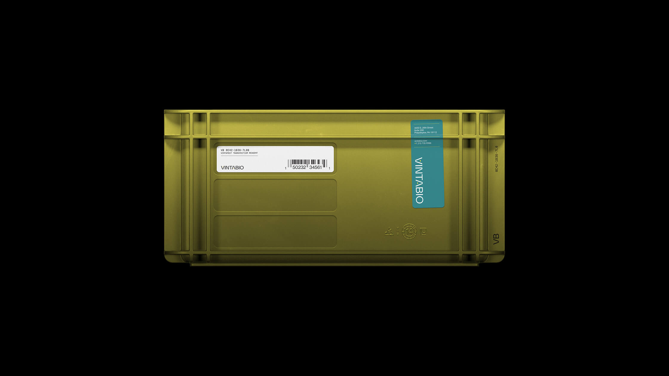 Branded storage container for VintaBio designed by Igawa Design, featuring a custom label system with bold typography and teal accents. The design ensures clarity and organization while reinforcing the brand's identity.